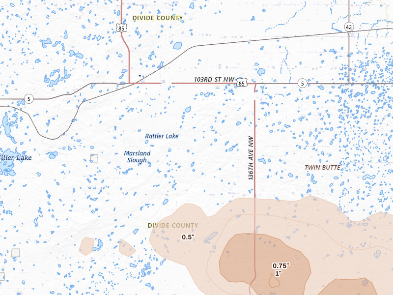 Radar-estimated hail-size map of the storm over Fortuna, ND on Jul 3, 2026