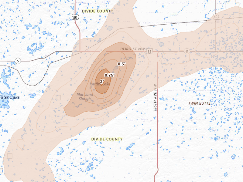 Radar-estimated hail-size map of the storm over Fortuna, ND on Sep 4, 2026