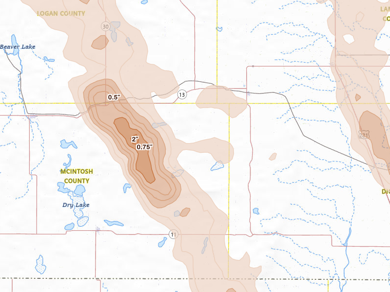 Radar-estimated hail-size map of the storm over Fredonia, ND on Jul 9, 2026