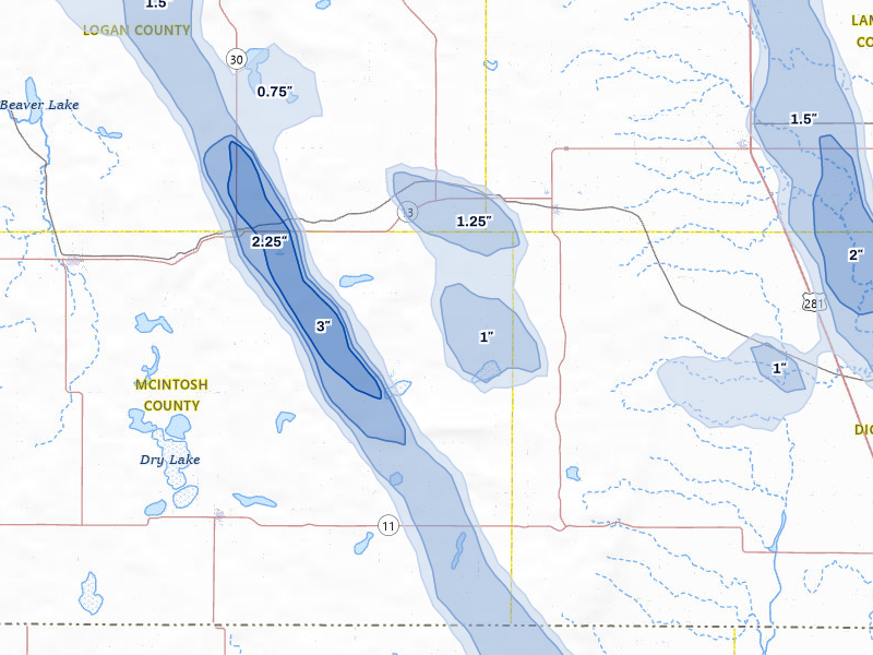 NEXRAD radar-signature map of the hail storm over Fredonia, ND on Jul 9, 2026