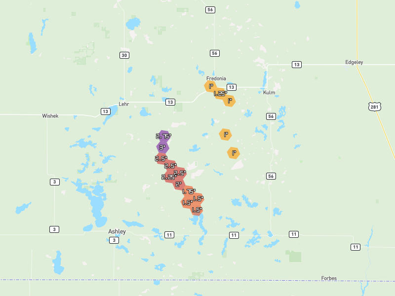 Hail map of Fredonia, ND on Jul 10, 2026, hail up to 3"