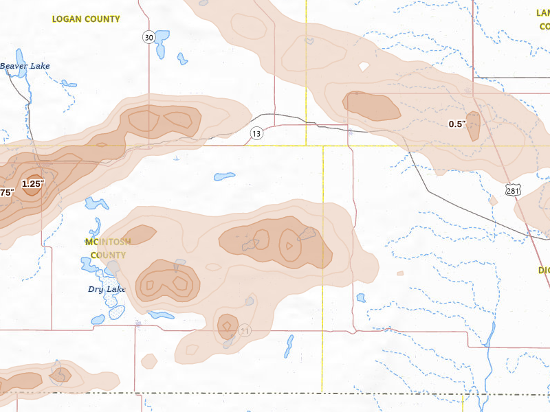 Radar-estimated hail-size map of the storm over Fredonia, ND on Jul 19, 2026