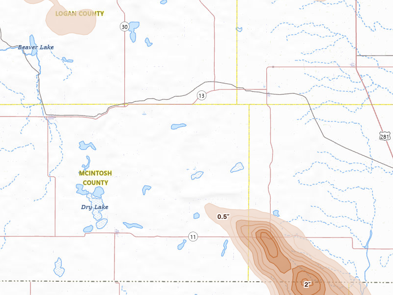 Radar-estimated hail-size map of the storm over Fredonia, ND on Jul 24, 2026