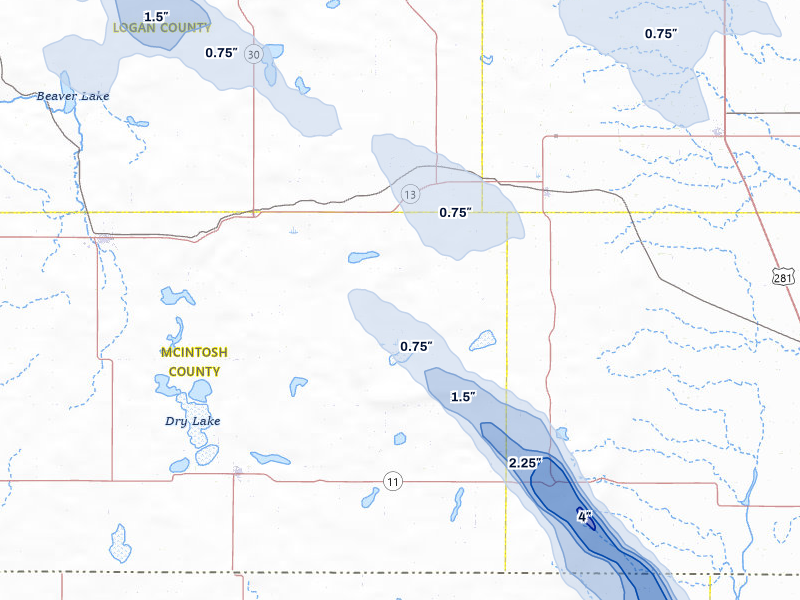 NEXRAD radar-signature map of the hail storm over Fredonia, ND on Jul 24, 2026