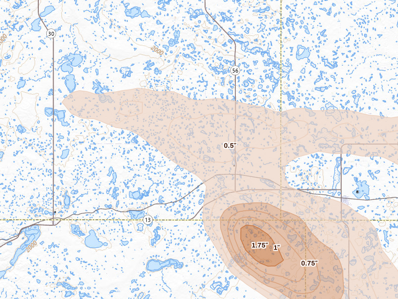 Radar-estimated hail-size map of the storm over Fredonia, ND on Aug 11, 2026