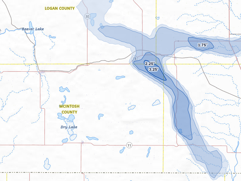 NEXRAD radar-signature map of the hail storm over Fredonia, ND on Aug 11, 2026