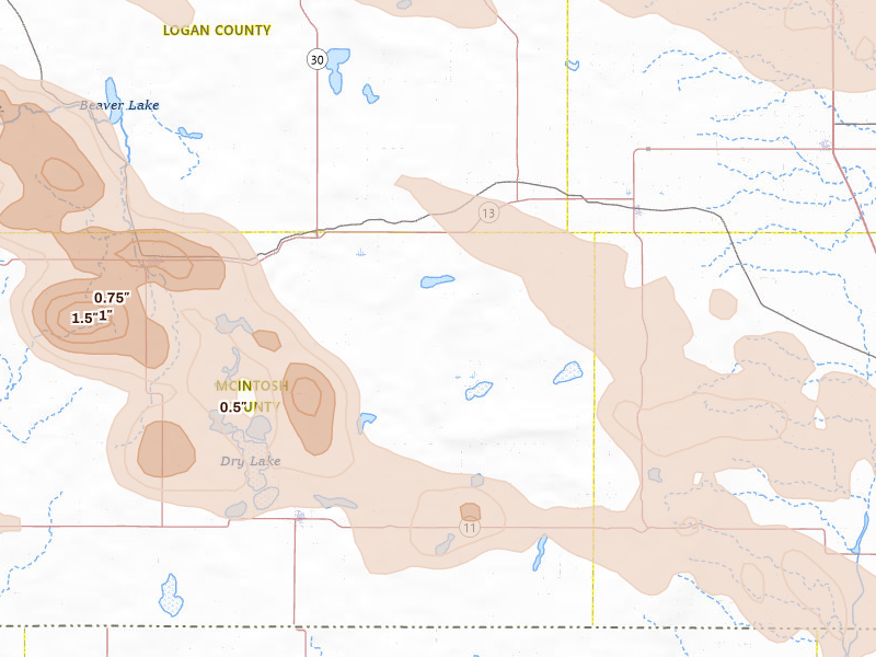 Radar-estimated hail-size map of the storm over Fredonia, ND on Aug 24, 2026