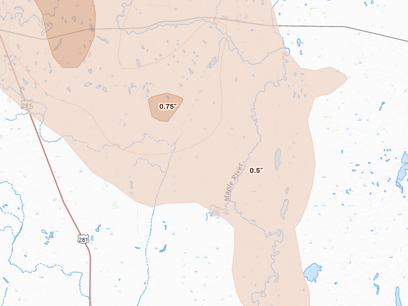 Radar-estimated hail-size map of the storm over Fullerton, ND on Jul 9, 2026