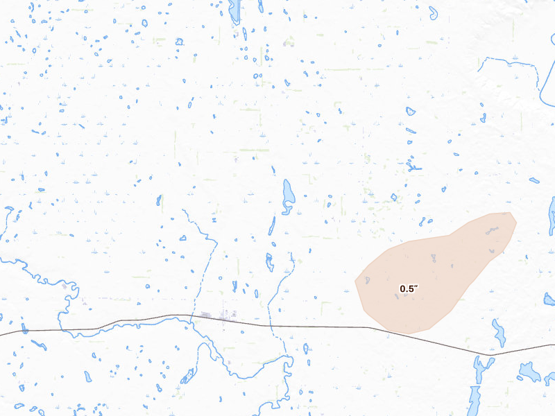 Radar-estimated hail-size map of the storm over Fullerton, ND on Jul 30, 2026