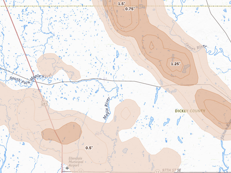 Radar-estimated hail-size map of the storm over Fullerton, ND on Aug 24, 2026