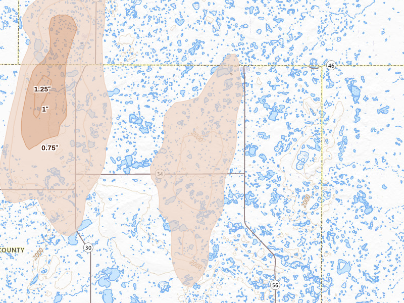 Radar-estimated hail-size map of the storm over Gackle, ND on Jun 2, 2026