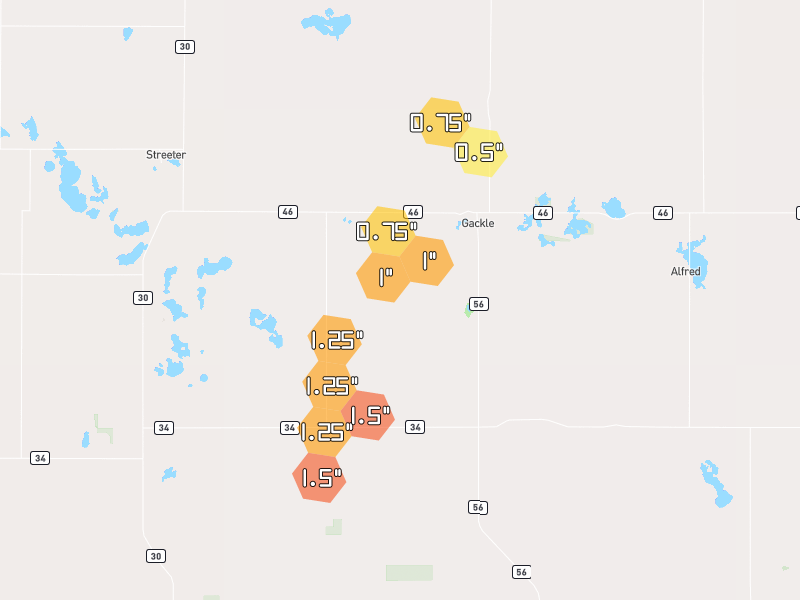 Hail map of Gackle, ND on Jun 3, 2026, hail up to 1.5"