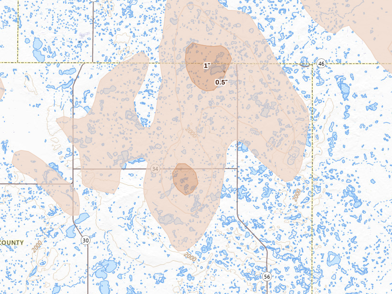 Radar-estimated hail-size map of the storm over Gackle, ND on Jun 9, 2026