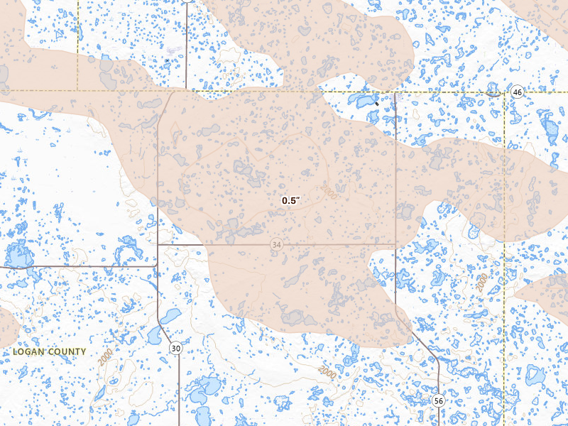 Radar-estimated hail-size map of the storm over Gackle, ND on Aug 24, 2026