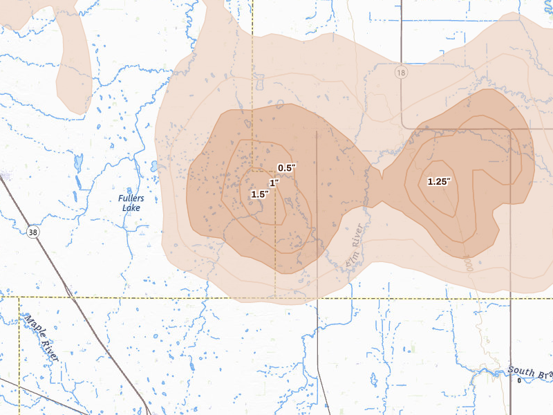 Radar-estimated hail-size map of the storm over Galesburg, ND on Sep 3, 2026