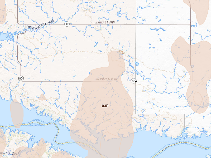 Radar-estimated hail-size map of the storm over Garrison, ND on Jun 7, 2026