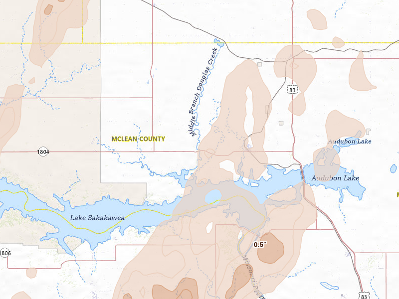Radar-estimated hail-size map of the storm over Garrison, ND on Jun 9, 2026