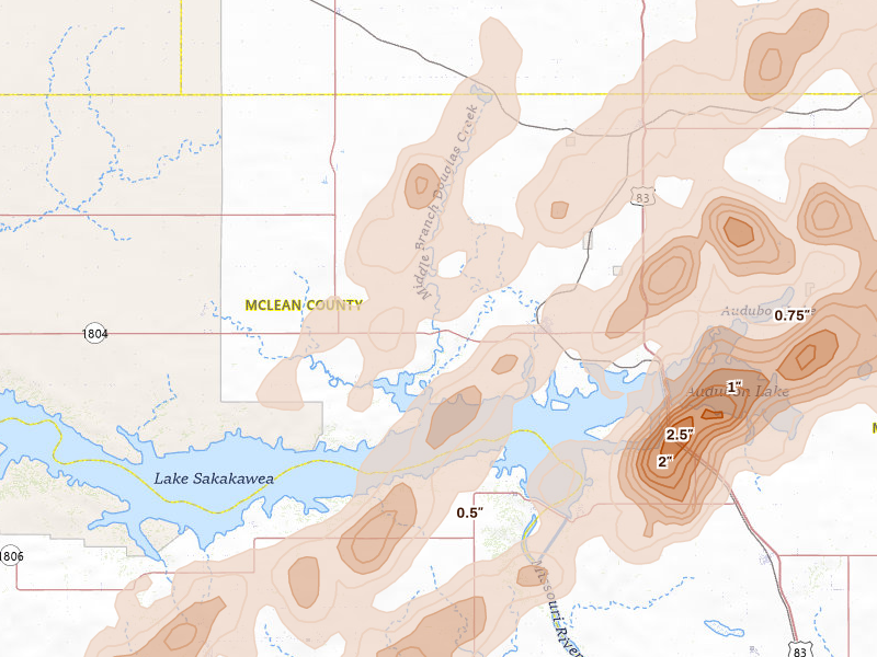 Radar-estimated hail-size map of the storm over Garrison, ND on Jun 28, 2026