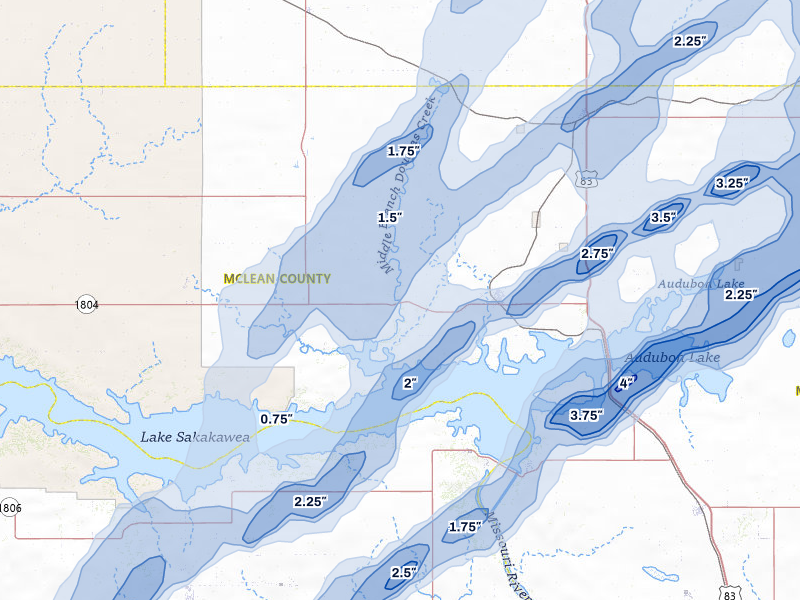 NEXRAD radar-signature map of the hail storm over Garrison, ND on Jun 28, 2026