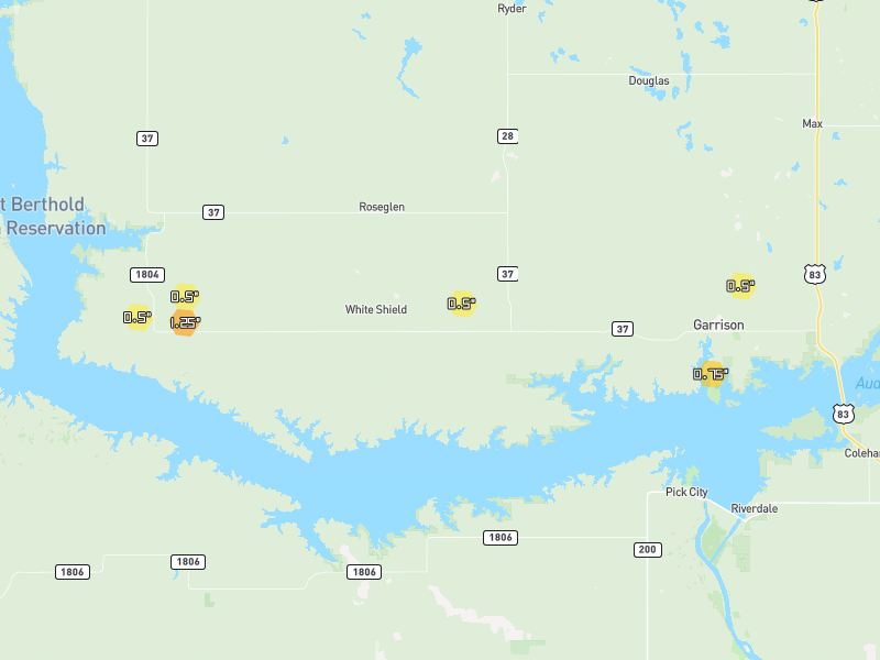 Hail map of Garrison, ND on Jun 28, 2026, hail up to 1.25"
