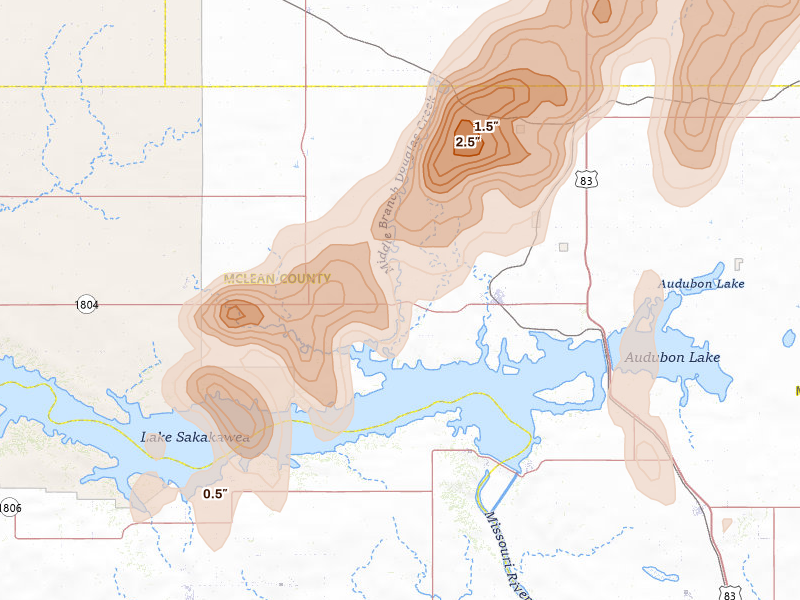 Radar-estimated hail-size map of the storm over Garrison, ND on Jun 29, 2026