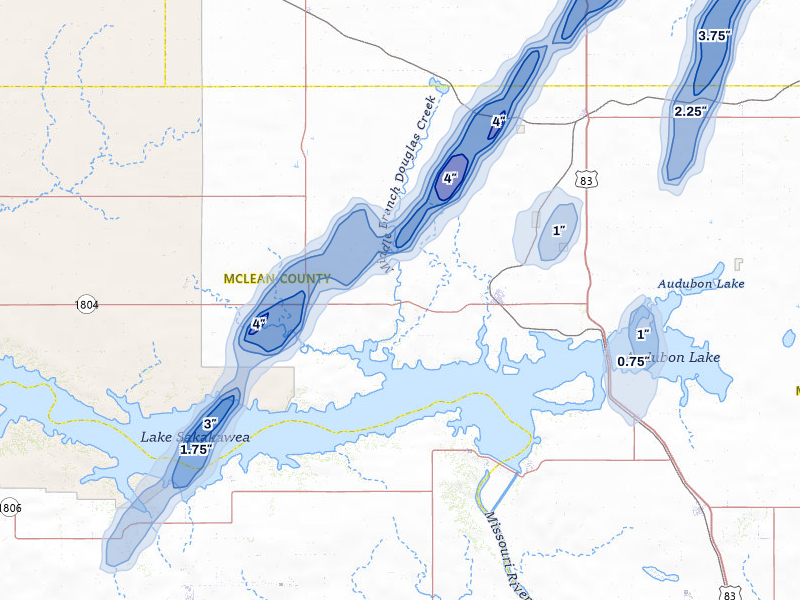 NEXRAD radar-signature map of the hail storm over Garrison, ND on Jun 29, 2026