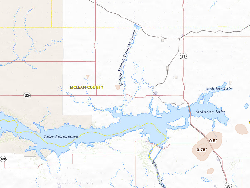 Radar-estimated hail-size map of the storm over Garrison, ND on Jul 29, 2026