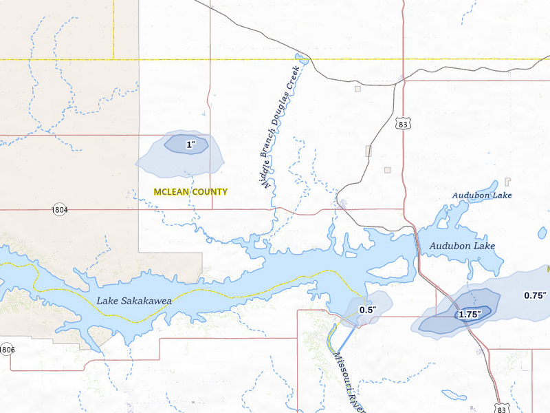 NEXRAD radar-signature map of the hail storm over Garrison, ND on Jul 29, 2026