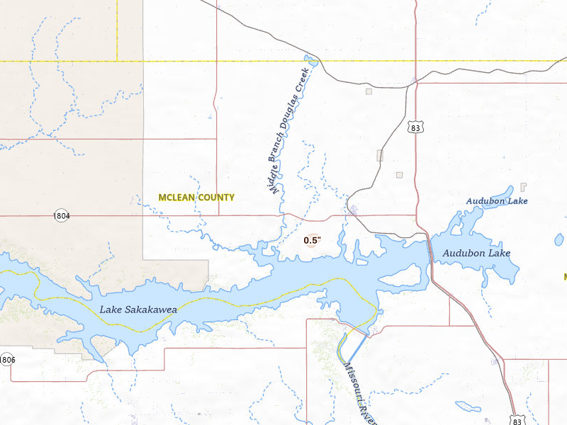 Radar-estimated hail-size map of the storm over Garrison, ND on Jul 30, 2026