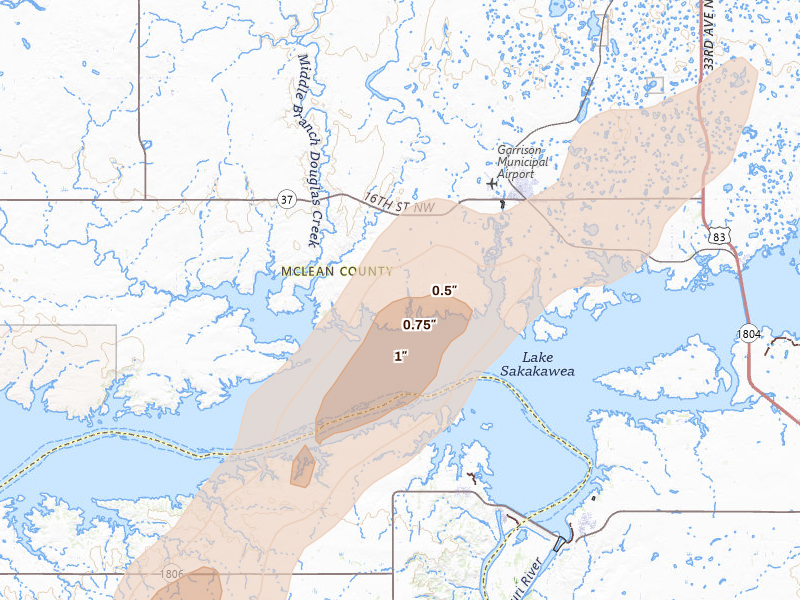 Radar-estimated hail-size map of the storm over Garrison, ND