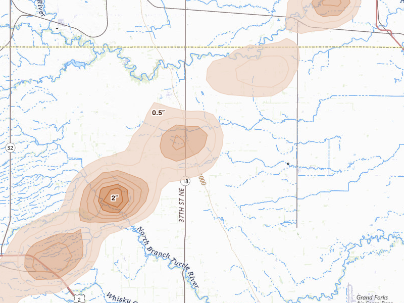 Radar-estimated hail-size map of the storm over Gilby, ND on Jun 29, 2026