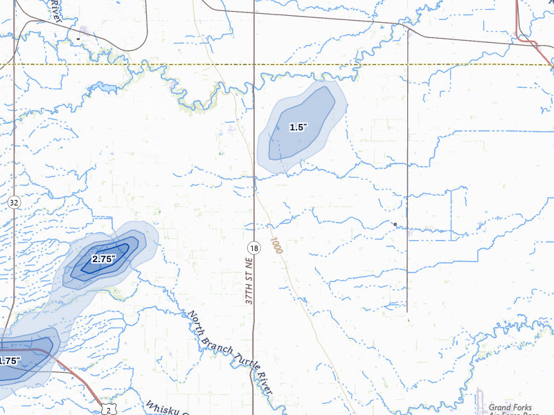 NEXRAD radar-signature map of the hail storm over Gilby, ND on Jun 29, 2026