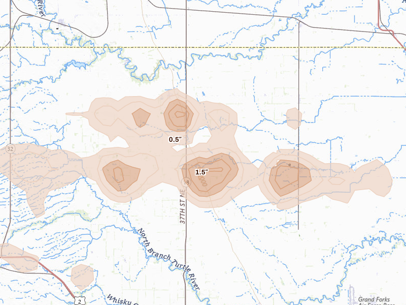 Radar-estimated hail-size map of the storm over Gilby, ND on Jul 24, 2026