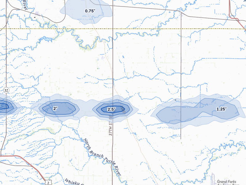 NEXRAD radar-signature map of the hail storm over Gilby, ND on Jul 24, 2026