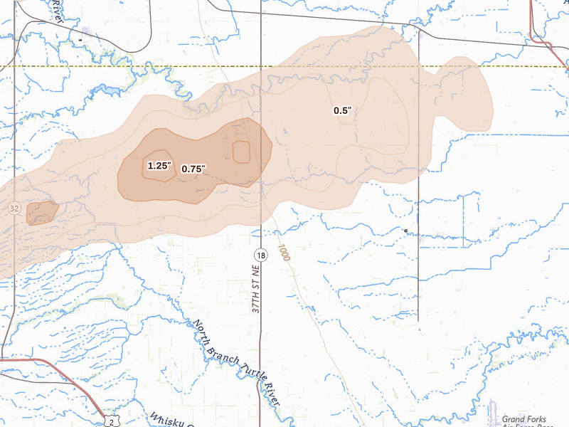 Radar-estimated hail-size map of the storm over Gilby, ND