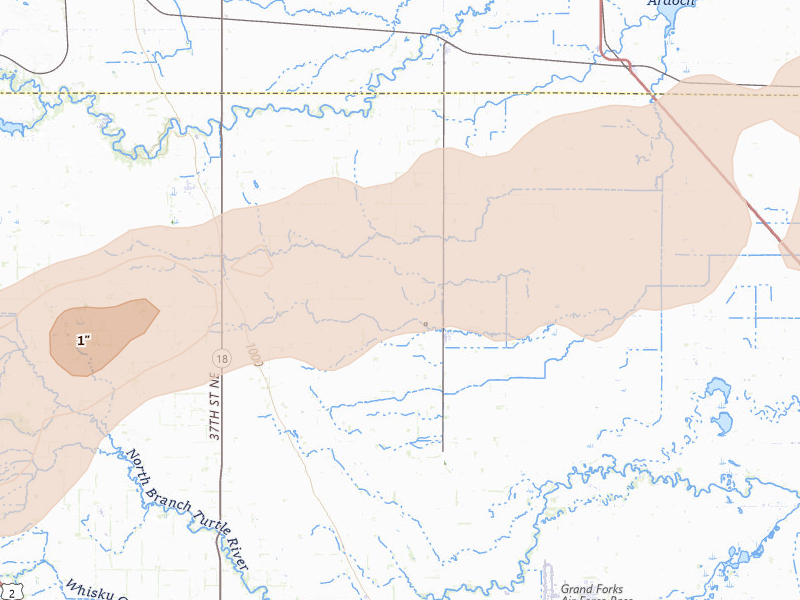 Radar-estimated hail-size map of the storm over Gilby, ND on Aug 24, 2026
