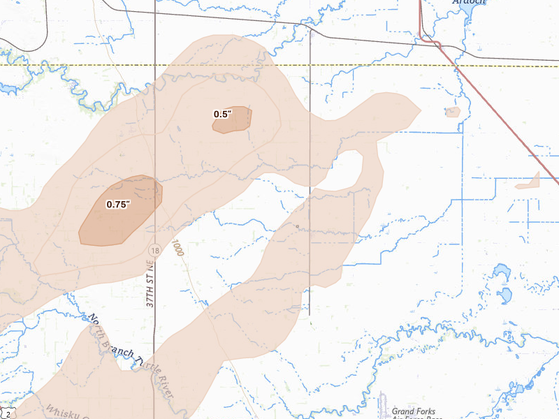 Radar-estimated hail-size map of the storm over Gilby, ND on Sep 3, 2026