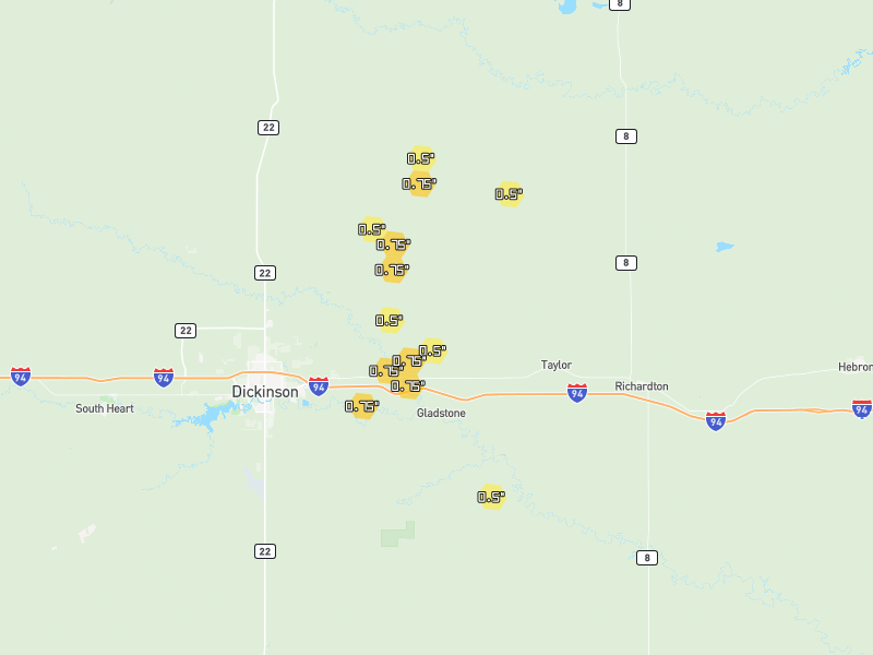 Hail map of Gladstone, ND on Jun 2, 2026, hail up to 0.75"