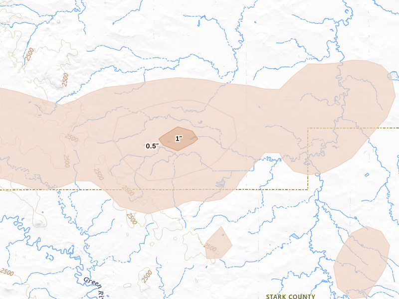 Radar-estimated hail-size map of the storm over Gladstone, ND on Aug 30, 2026