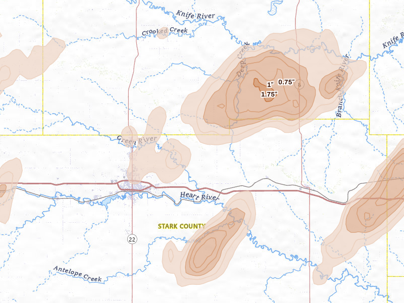 Radar-estimated hail-size map of the storm over Gladstone, ND