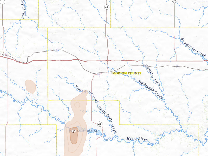 Radar-estimated hail-size map of the storm over Glen Ullin, ND on May 21, 2026