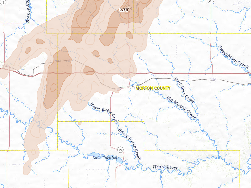 Radar-estimated hail-size map of the storm over Glen Ullin, ND on Jun 9, 2026