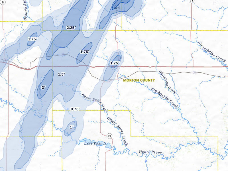 NEXRAD radar-signature map of the hail storm over Glen Ullin, ND on Jun 9, 2026