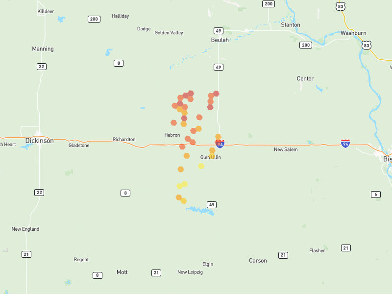 Hail map of Glen Ullin, ND on Jun 9, 2026, hail up to 2.5"
