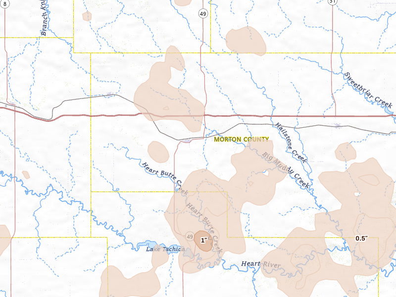 Radar-estimated hail-size map of the storm over Glen Ullin, ND on Jun 27, 2026