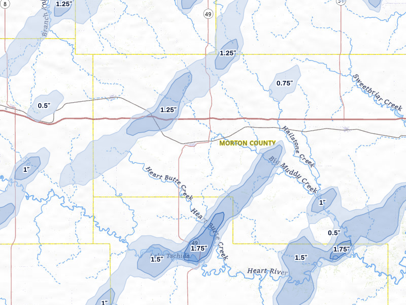 NEXRAD radar-signature map of the hail storm over Glen Ullin, ND on Jun 27, 2026