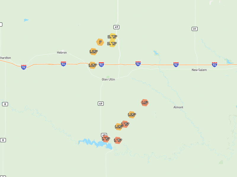 Hail map of Glen Ullin, ND on Jun 28, 2026, hail up to 1.75"