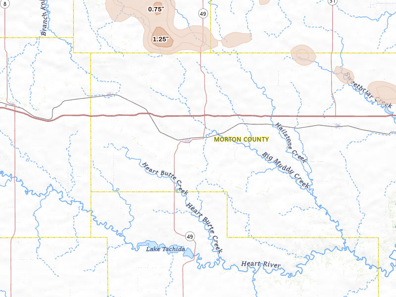 Radar-estimated hail-size map of the storm over Glen Ullin, ND on Jul 3, 2026