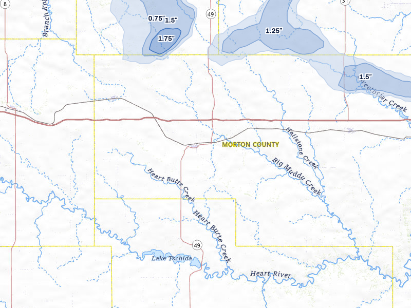 NEXRAD radar-signature map of the hail storm over Glen Ullin, ND on Jul 3, 2026