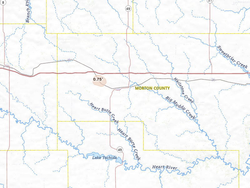 Radar-estimated hail-size map of the storm over Glen Ullin, ND on Jul 12, 2026